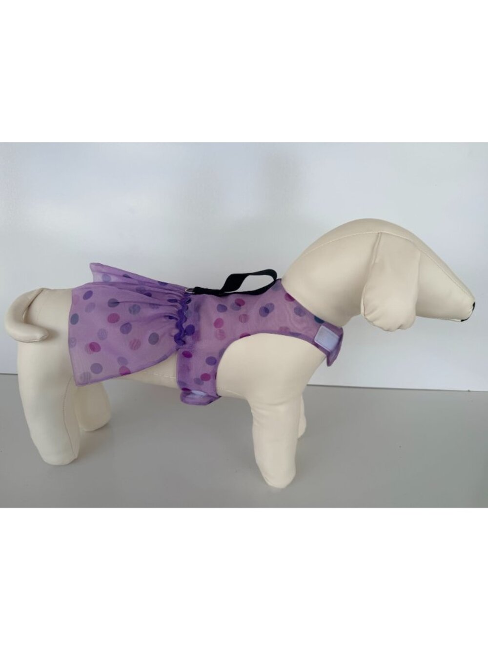 Handmade Small Dog Adjustable Dress Outfit w Harness Purple Polka Dot Tulle Skir - Picture 2 of 5